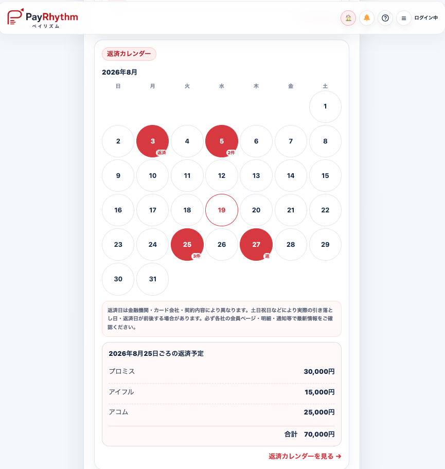 PayRhythmの返済カレンダーで複数ローンの返済予定を確認している画面