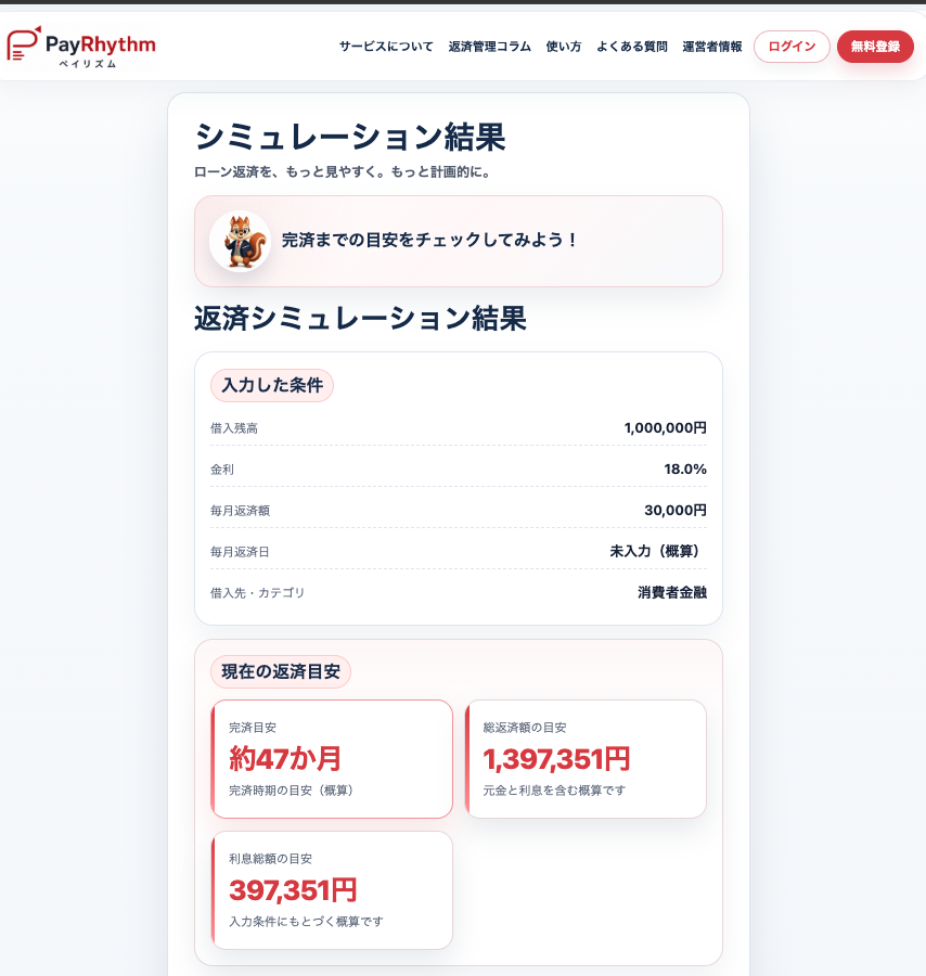 PayRhythmで借入残高100万円・年18％・毎月3万円を返済する場合のシミュレーション結果