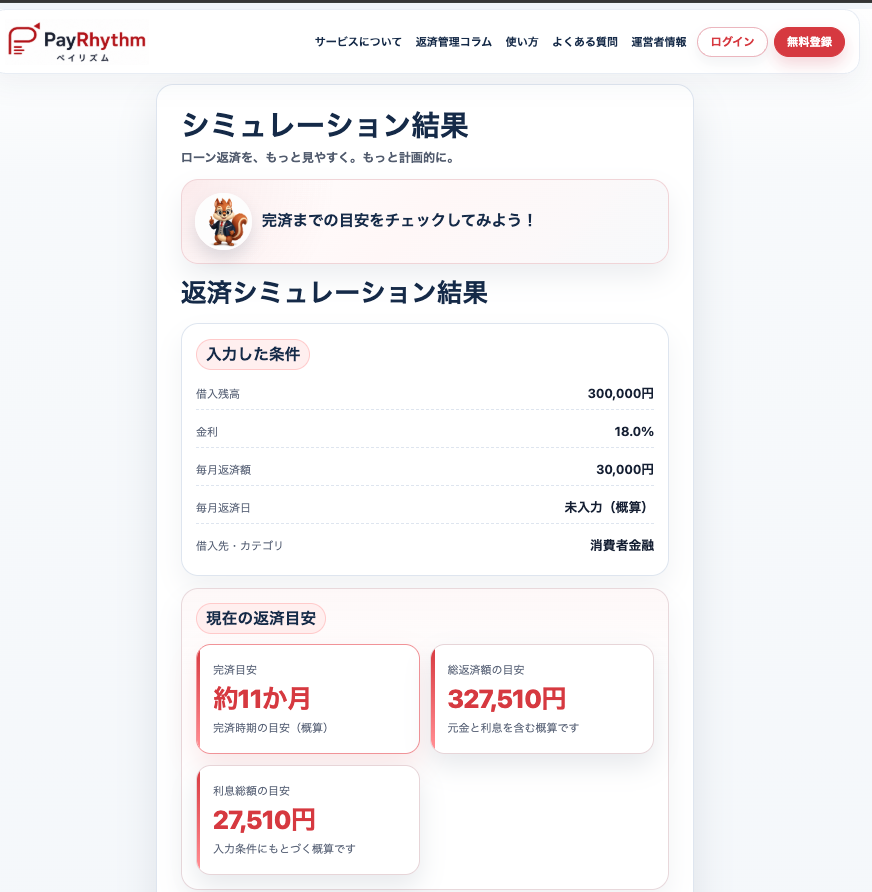 PayRhythmで借入残高30万円・年18％・毎月3万円を返済する場合のシミュレーション結果