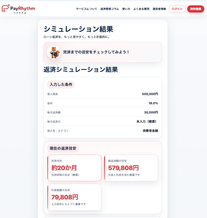 PayRhythmで借入残高50万円・年18％・毎月3万円を返済する場合のシミュレーション結果